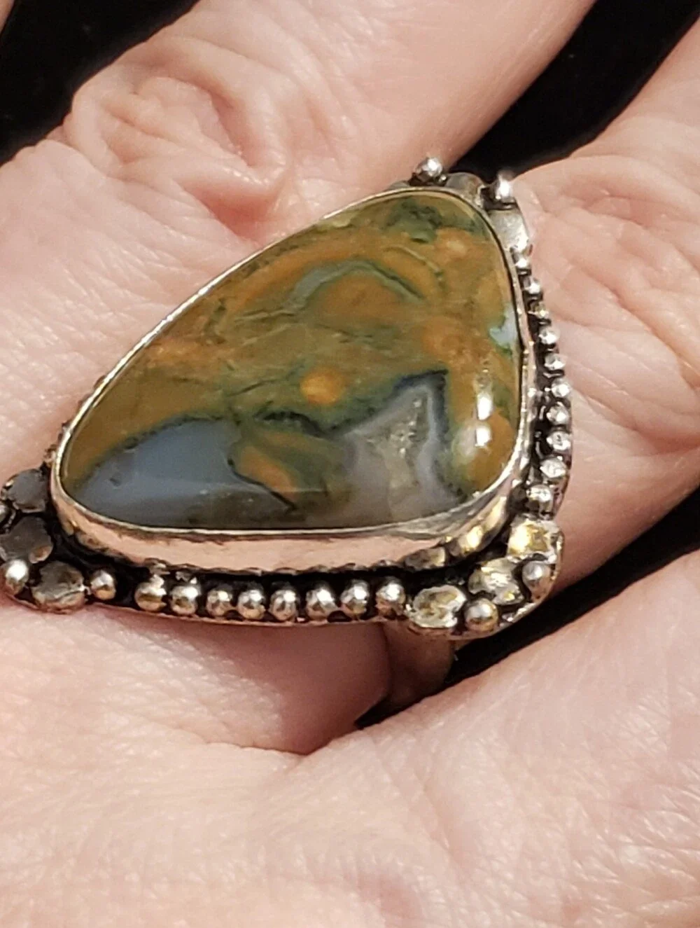 NEW Rainforest Jasper Natural Gemstone, 925 Stamped Ring, Sz 7.5 Abstract Art!